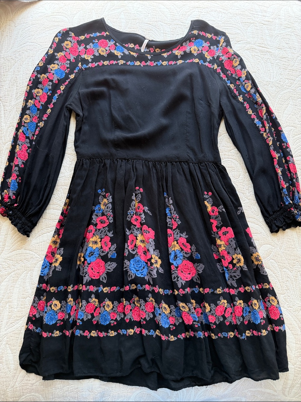 Free People Black Floral Embroidered Long-Sleeve Dress